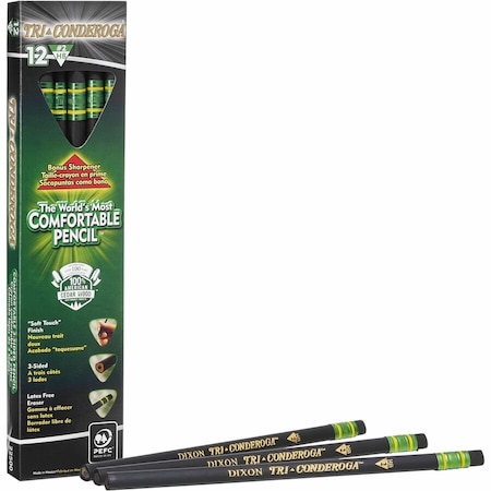 Dixon Ticonderoga Dixon Tri-Conderoga Pencil with Microban Protection, HB #2, Black Lead, Black Barrel, Dozen 22500