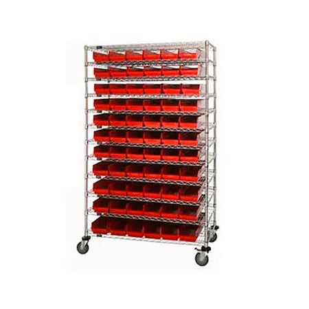 Global Industrial Chrome Wire Shelving with 110 4"H Plastic Shelf Bins Red, 72x14x74 269051RD
