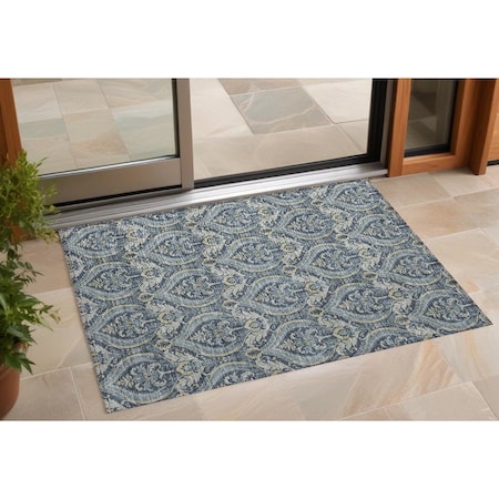 Homeroots 2' X 3' Blue and Cream Damask Washable Non Skid Indoor Outdoor Area Rug 563862