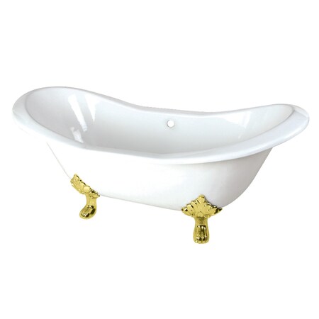Kingston Brass 72" Cast Iron Oval Double Slipper Clawfoot Tub, No Faucet Drillings, White/Polished Brass VCTND7231NC2