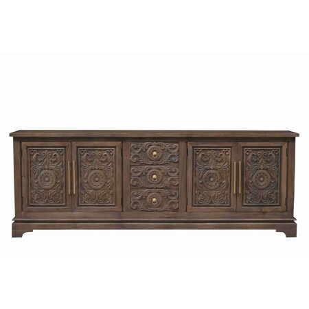 Homeroots 106" Brown Distressed Solid Wood Carved Floral Three Drawer Sideboard with Four Doors 642291