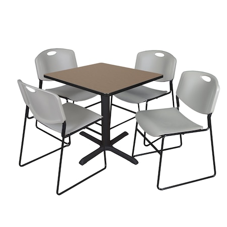 Regency Square Cain Breakroom Table W/ 4 Zeng Stack Chairs, 30 in W, 30 in L, Noble Oak TB3030NO44GY