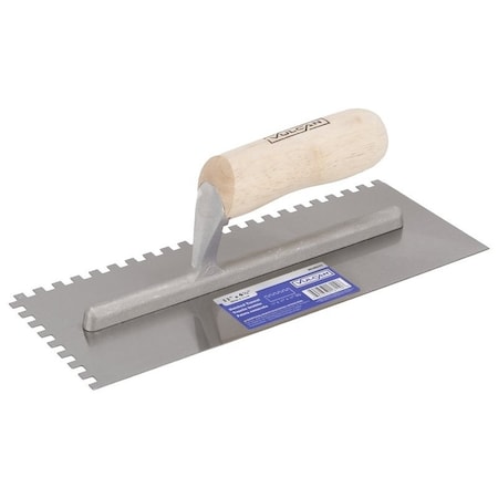 Vulcan Trowel, 1/4x1/4 in, 4-1/2 in W Blade, Notched HCS Blade, Hard Wood Camel Back Handle, 11 in OAL, Silver 16110