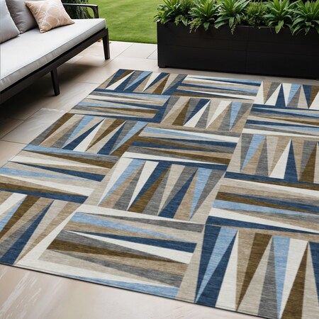 Homeroots 5' X 8' Navy Blue Brown And Beige Geometric Washable Indoor Outdoor Area Rug 598281
