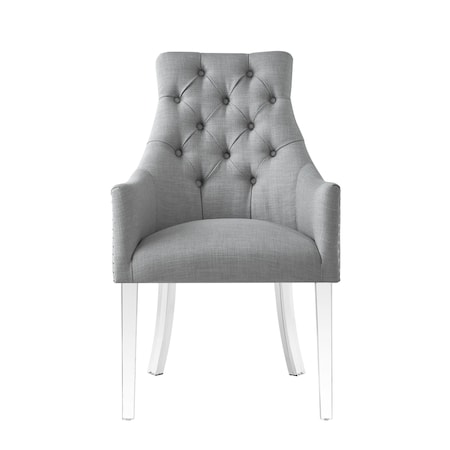 Homeroots Set of Two Tufted Light Gray And Clear Upholstered Linen Dining Arm Chairs 543548