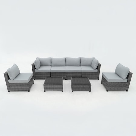 Deko Living Outdoor Sectional Wicker Sofa, Chairs and Table, 8 Pieces, Gray w/Blue and Gray Cushion Covers COP30111