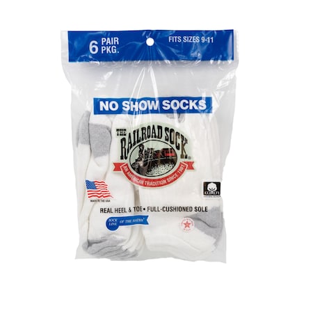 Railroad Sock Unisex No Show Socks, 85% Cotton, 15% Nylon, White/Grey, 5-10 W; 4 Pair-7.5 M, 6 PK 8084