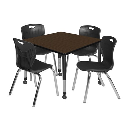 Regency Square Kee Mobile Adjustable Classroom Table W/ 4 Andy Chairs, 42 in W, 42 in L, Neo Walnut TB4242NWAPCBK40BK