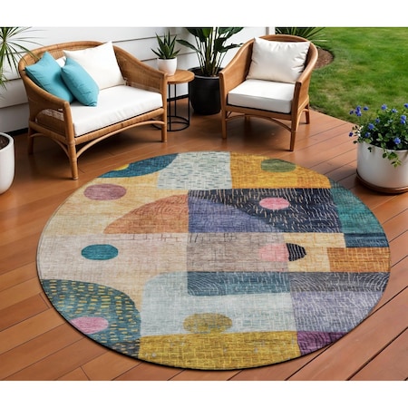 Homeroots 8' Green Purple And Blue Round Geometric Washable Indoor Outdoor Area Rug 604410