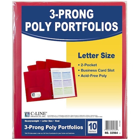 C-Line Products Two-Pocket Heavyweight Poly Portfolio Folder w/Prongs, Red, PK10 32964