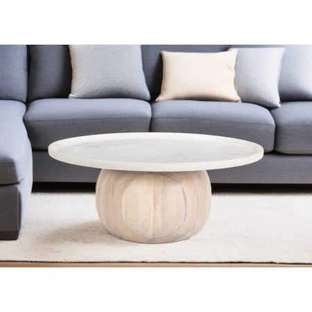 Homeroots 35" White and Natural Wood And Faux Marble Round Pedestal Coffee Table 565074