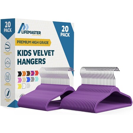 Lifemaster Purple Velvet Kids Hangers 20 Pack, 10.83" Non-Slip, Slim ABS, Swivel Hook & Notches LMVVBH20PU