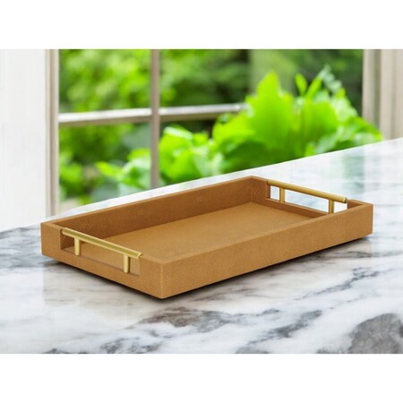 Homeroots 16" Camel Brown Wood Faux Shagreen Serving Tray With Handles 571239