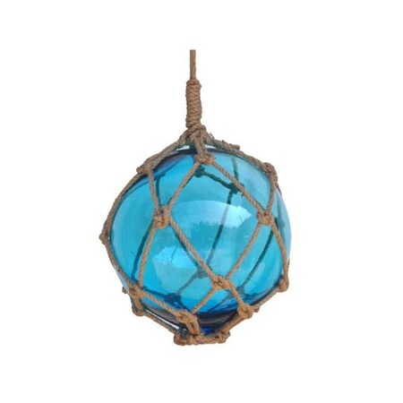 Handcrafted Decor Light Blue Japanese Glass Ball Fishing Float with Brown Netting Decoration- 12 in. 12 Light Blue Glass - Old
