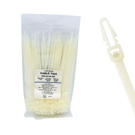 Cable Ties Unlimited Push Mount Cable Tie, No Wings, 8 in L, 50 lb Strength, 2.2 in Max Bundle Dia, Nylon, Natural, 100PK PM8-50-9C-NW