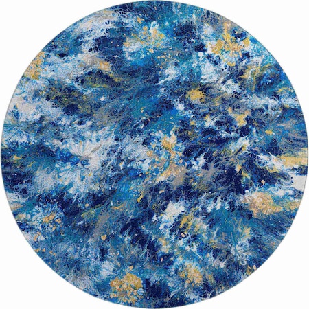Homeroots 8' Blue Ivory And Gold Round Abstract Washable Indoor Outdoor Area Rug 643543