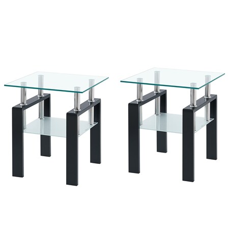Homeroots Set of Two Clear and Black Glass and Metal Square End Tables With Shelf, 2PK 635679