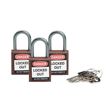 Brady Lockout Padlock, Keyed Alike, Nylon, Brown, 1 in Shackle Height, 1 3/16 in Body Width, 3 PK 118963