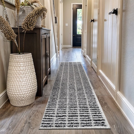 World Rug Gallery Bohemian Stripe Lines Shag Runner Rug 2 ft 3 in x 12 ft White WR128WHITE2X12
