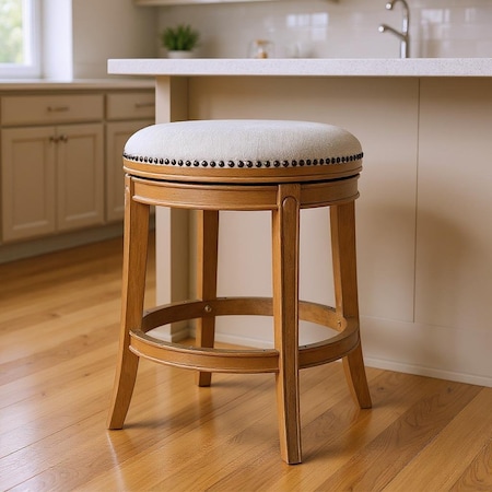 Homeroots 26" Sand and Oak Fabric and Solid Wood Backless Counter Height Swivel Bar Chair 632385