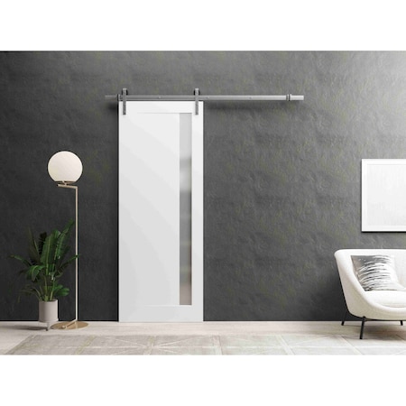 Sartodoors Sturdy Barn Door 42 x 96in, Planum 0660 Painted White W/ Frosted Glass, SS 8FT Rail Hangers Heavy Set PLANUM0660BD-S-BEM-4296