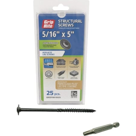 Grip-Rite PrimeGuard Plus 5/16''x5'' Flat Washer Head Structure Screw, 25-Count GRSSFW516525