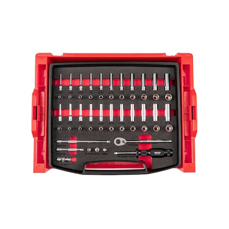 Tekton 52pc 1/4 In. Dr. 6 and 12-Pt Socket and Ratchet Set with Open Top Drawer and Rack 5/32-9/16 in. OLB94301