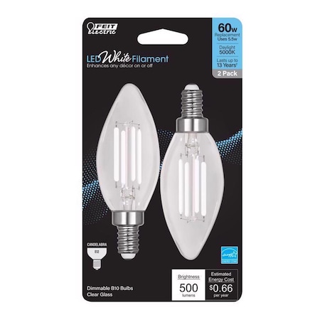 Feit Electric Feit White B10 E12 (Candelabra) Filament LED Bulb Daylight 60 Watt Equivalence 2 pk BPCTC60950WFIL2