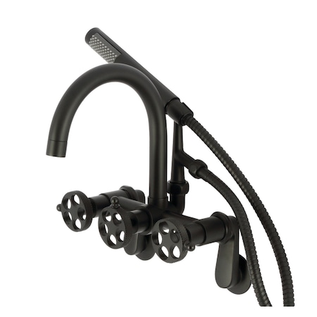 Kingston Brass 7-Inch Adjustable Wall Mount Clawfoot Tub Faucet with Knurled Handle and Hand Shower, Matte Black AE8150RKX