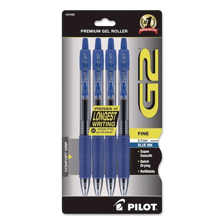 Pilot G2 Premium Gel Pen, Retractable, Fine 0.7 mm, Blue Ink, Smoke/Blue Barrel, 4PK 31058