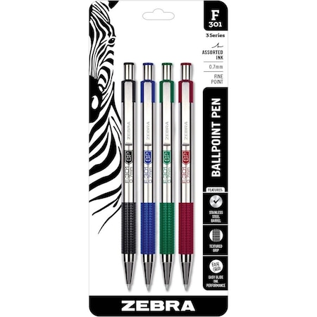 Zebra Pen F-301 Retractable Ballpoint 0.7mm Assorted 4pk 27174