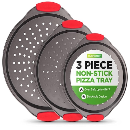 Nutrichef 3-Piece Pizza Tray Set with Silicone Handles NCPZPN3GR