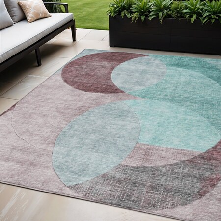 Homeroots 5' X 8' Teal Blue Brown And Beige Geometric Washable Indoor Outdoor Area Rug 604954