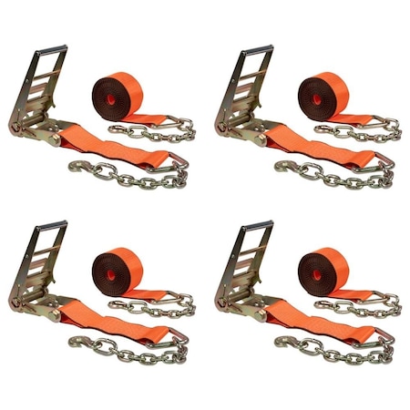 Mytee Products 4in x 30ft Orange Ratchet Strap w/ Chain Anchor 6667 # WLL Hi Abrasion Tie Down, 4PK RS430ACx4