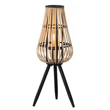 Vintiquewise Indoor and Outdoor Modern Natural Bamboo Decorative Lantern with Black Stand and Glass Candle Holder QI004165