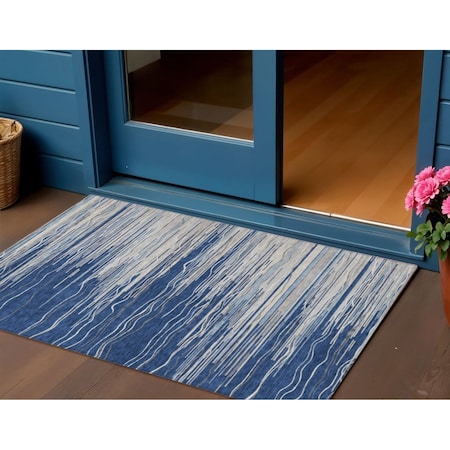 Homeroots 3' X 5' Navy Blue Gray And Ivory Striped Washable Indoor Outdoor Area Rug 597265