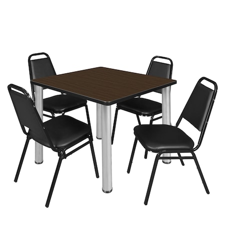 Regency Square Kee Breakroom Table W/ 4 Restaurant Stack Chairs, 36 in W, 36 in L, Neo Walnut TB3636NWBPCM29BK