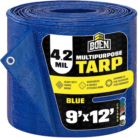 Boen All Purpose Tarp, 9 ft x 12 ft, 5 Mil, Blue, Polyethylene BT-912