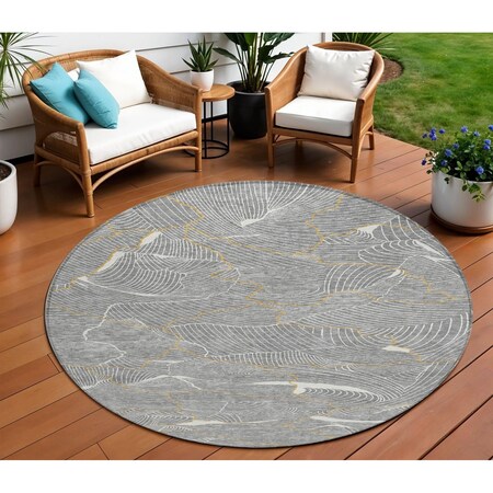 Homeroots 8' Gray Brown And Ivory Round Abstract Washable Indoor Outdoor Area Rug 601064