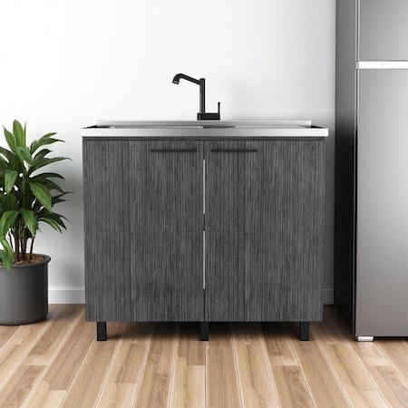 Homeroots 35" X 39" Dark Gray And Silver Stainless Steel and Wood Utility Cabinet With Sink 546612