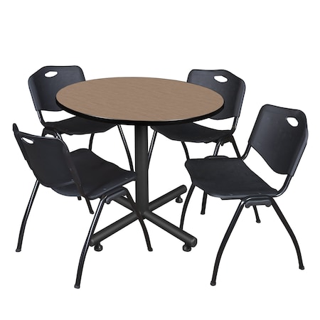 Regency Round Kobe Breakroom Table W/ 4 M Stack Chairs, 36 in W, 36 in L, Noble Oak TKB36RNDNO47BK