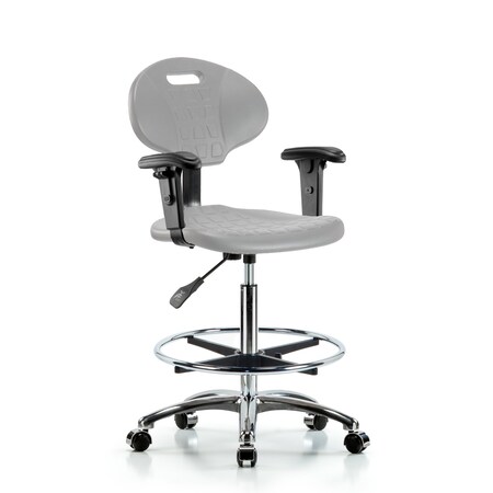 Blue Ridge Ergonomics Poly Chair Chrome-High Bench Ht with Chrome Foot Ring, Adjustable Arms, &Chrome Casters in Gray Poly TPHBCH-CR-A1-CF-CC-GRY