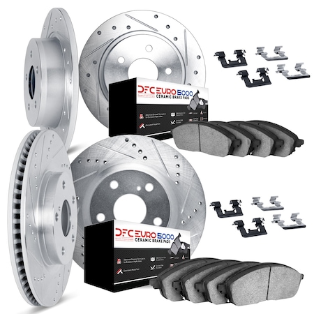 Dynamic Friction Co DFC Rotors-Drilled & Slotted-Silver w/ EURO 5000 Ceramic Brake Pads Incl Hdw 7614-74002