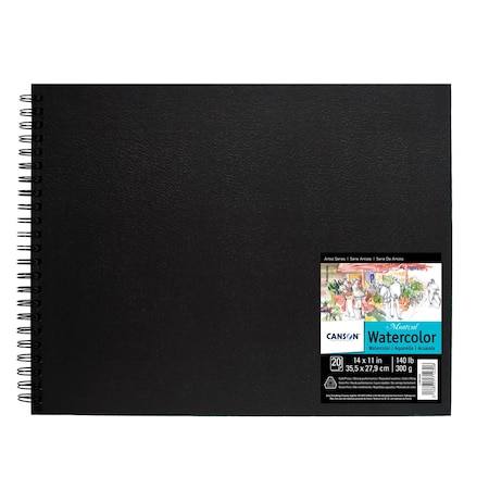 Canson Artist Series Montval Watercolor Art Book, Black Cover, Side Wire Binding, 20 Sheet, 14x11 inch C100510440