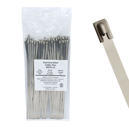 Cable Ties Unlimited Cable Tie, 10 in L, 150 lb Strength, 2.6 in Max Bundle Dia, 316 Stainless Steel, Silver, 100PK SSP10-LD