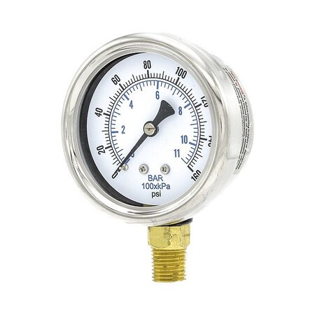 Zoro Select Pressure Gauge, 1/4 in NPT, Bottom Location 211D-254F