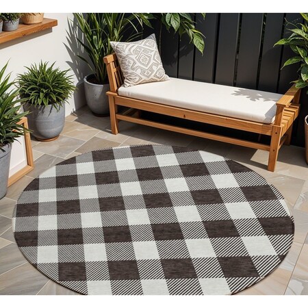 Homeroots 8' Black And Gray Round Plaid Washable Indoor Outdoor Area Rug 595375