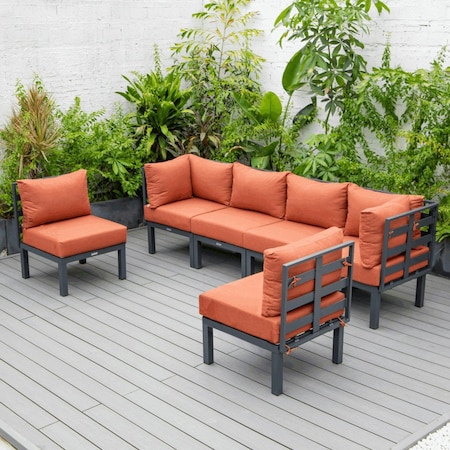Leisuremod Chelsea 6-Piece Patio Sectional Black Aluminum With Orange Cushions CSBL-6OR