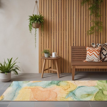 Homeroots 8' Runner Blue Abstract Washable Non Skid Indoor Outdoor Runner Rug 559479