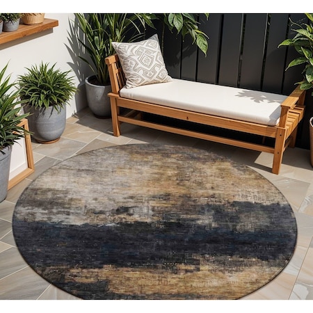 Homeroots 8' Charcoal Tan And Beige Round Abstract Washable Indoor Outdoor Area Rug 606094